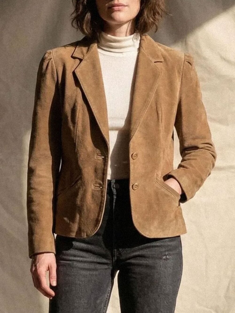 Vintage 70s Tan Suede Leather Blazer Jacket | Puffed Shoulders Boho XS/S